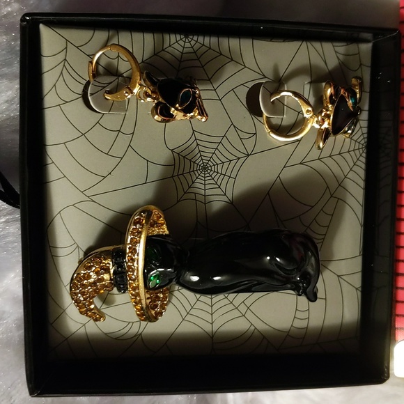 NWOT Statement Halloween Jewelry Black Cat Brooch with Black Cat Earrings - Picture 4 of 9